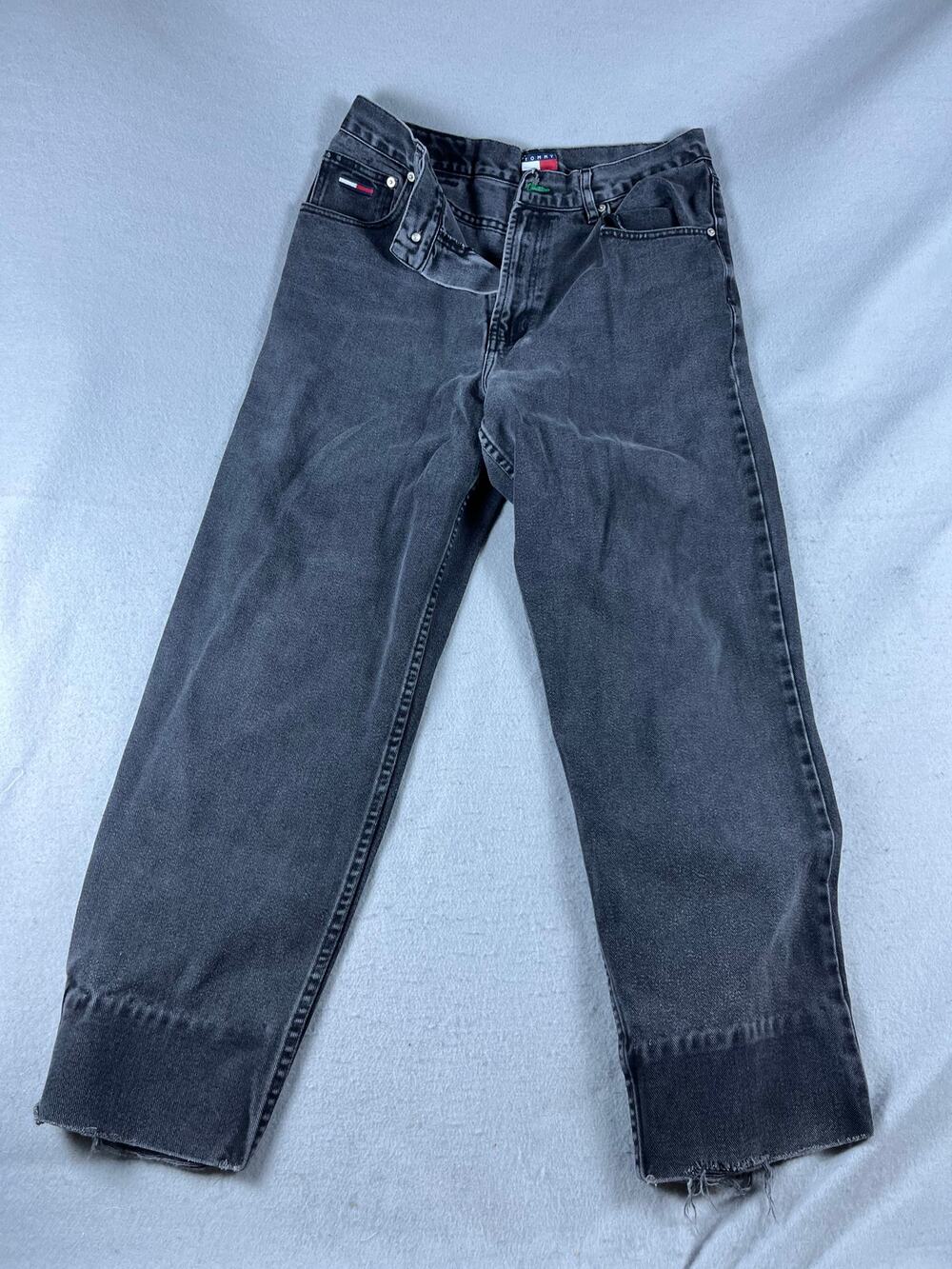 Vintage Tommy Jeans Men 33x34 Black Washed Straight Leg Denim Raw Hem Classic
